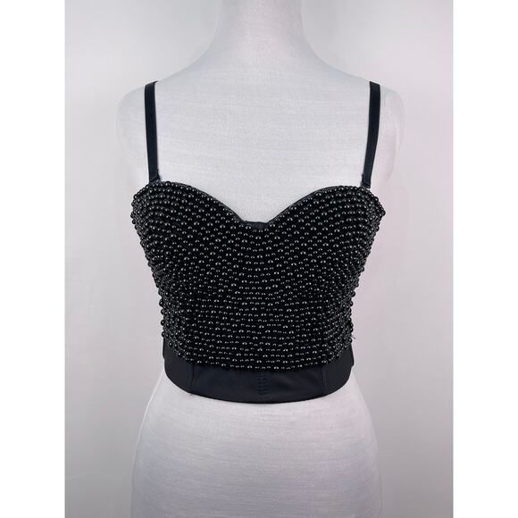 Unbranded Tops - Black Beaded Corset Bustier Crop Top Bralette with Removable Straps | Size S